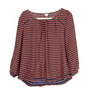 J crew Navy Orange Striped 3/4 sleeve curved hem lace Large Pullover Top EUC